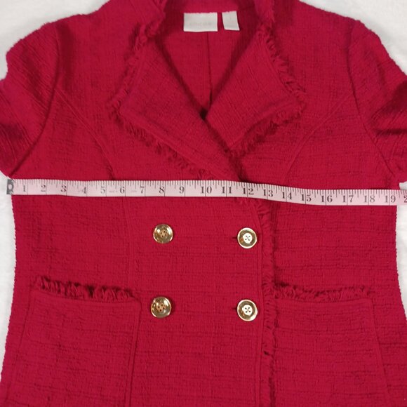 Chico's Red Jacket, Size 1, Double Breasted, 100% Cotton with Cotton Fringe - Picture 12 of 16